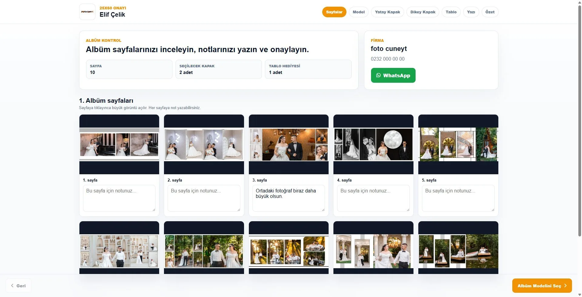 Müşterinin albüm sayfalarını incelediği online albüm onay ekranı