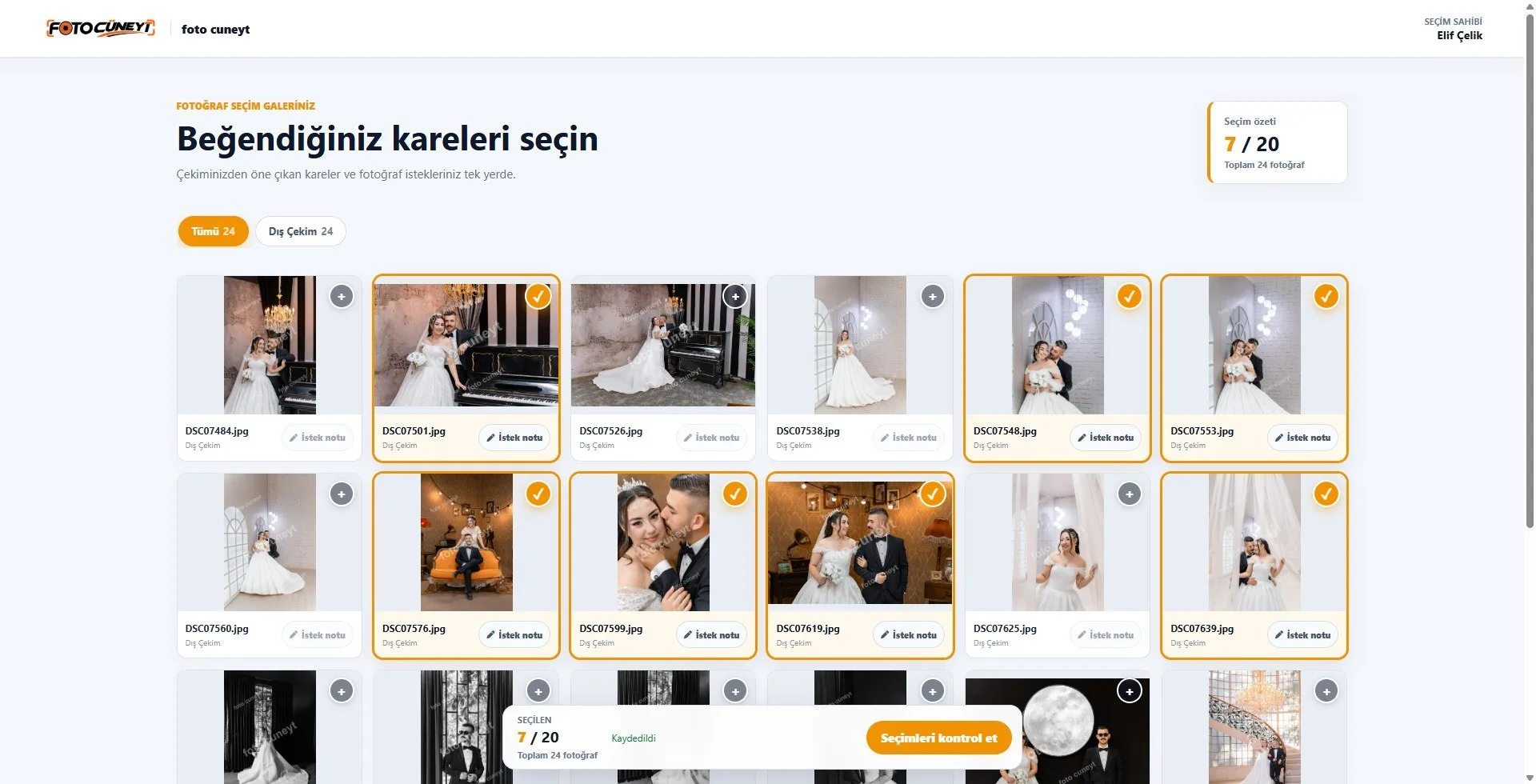 Müşterinin telefonda ve bilgisayarda gördüğü online fotoğraf seçim galerisi
